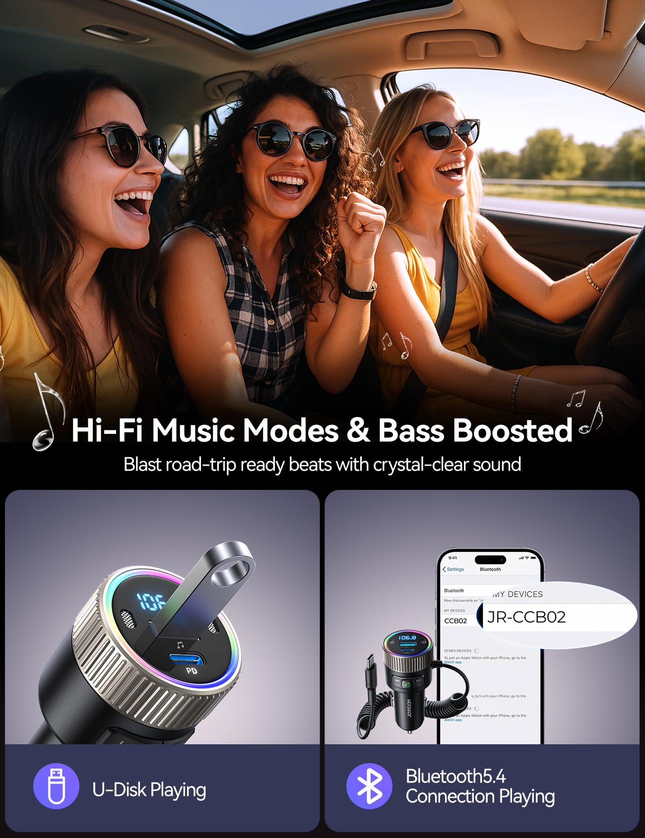 JOYROOM Bluetooth 5.4 FM Transmitter for Car, [60W PD 3.0] Bluetooth Car Adapter Fast Charging with USB C Cable, Cigarette Lighter Radio Music Adapter, Hands-Free Calling, Light Control, USB Drive