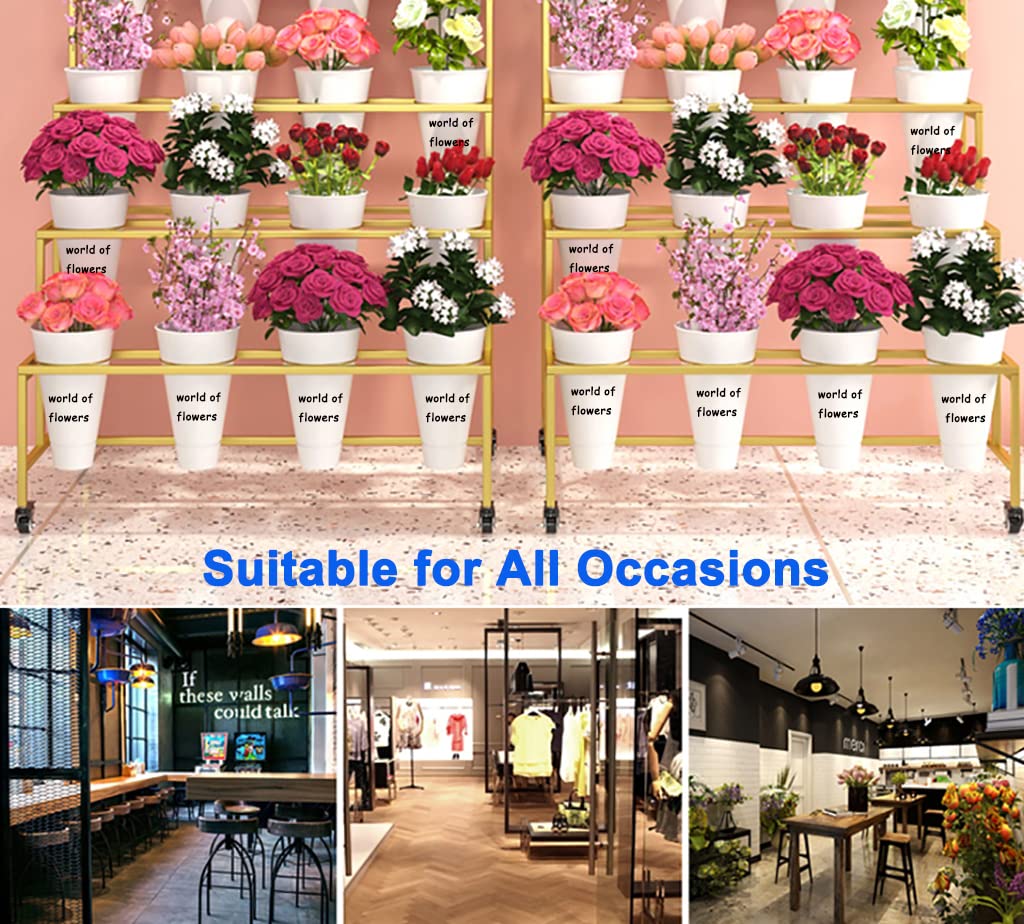 FKKPRVAX Flower Display Stand with 12pcs Bucket,Heavy Duty Plant Stand with Wheels,33in Tall Flower Cart 3 Tier Flower Shelf for Florist Garden Patio (Gold+White Pot)