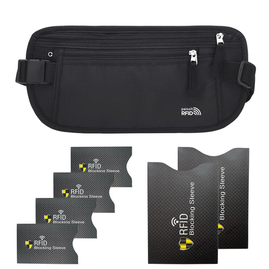 Unisex Money Belt For Men and Women, Slim Passport Holder RFID Blocking Travel Essentials Pouch with Adjustable Strap Small Waist Pouch for Workout Running Travelling Hiking, Beige