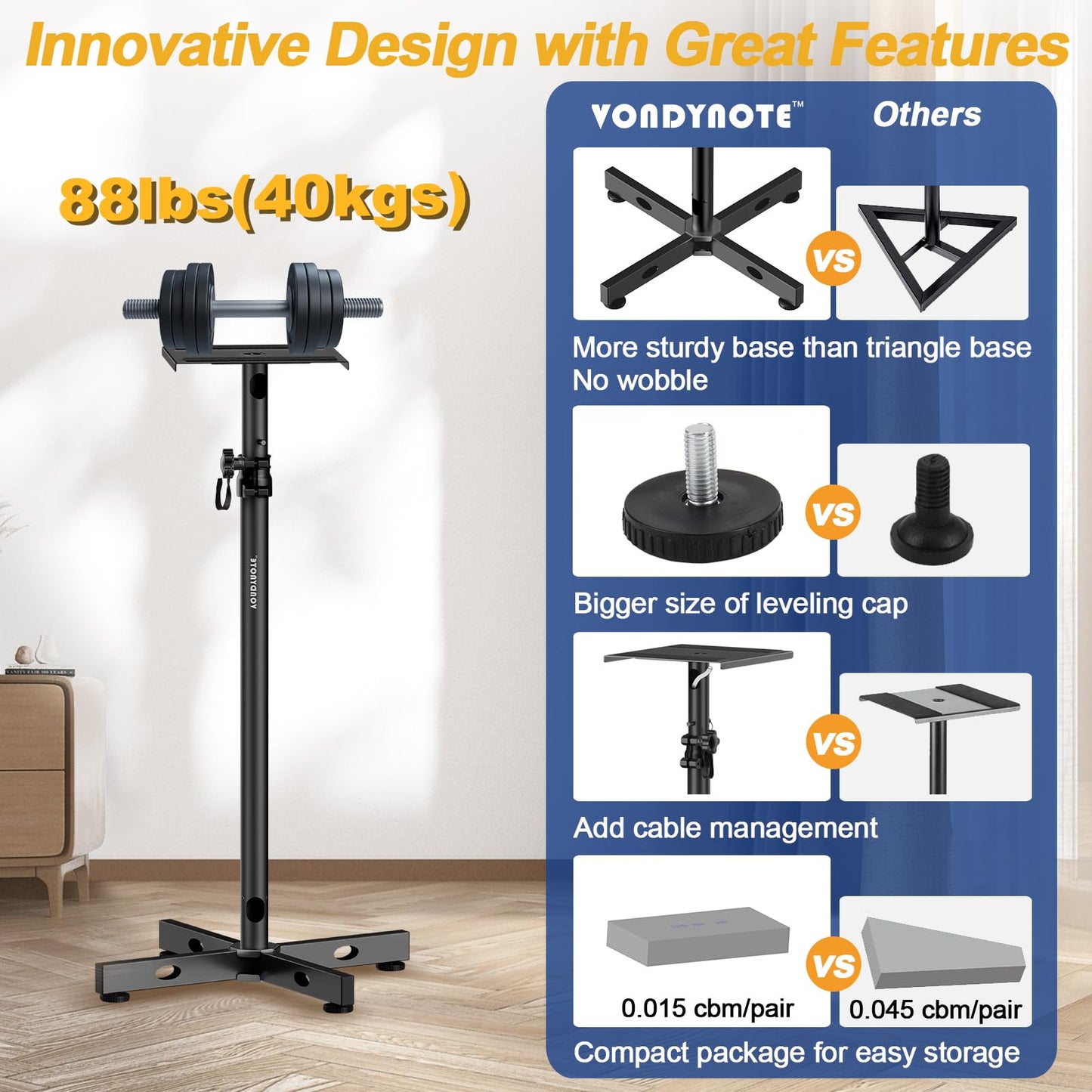 Vondynote Set of 2 Studio Monitor Stands Adjustable Height Speaker Stands with Cable Management