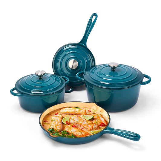 Hisencn 7-Piece Enameled Cast Iron Cookware Set-Dutch Ovens, Skillet & Saucepan with Lids- Ceramic Coated, Heavy Duty, Gas/Induction Compatible, Oven Safe to 550°F, PFOA-Free, Biscay Blue