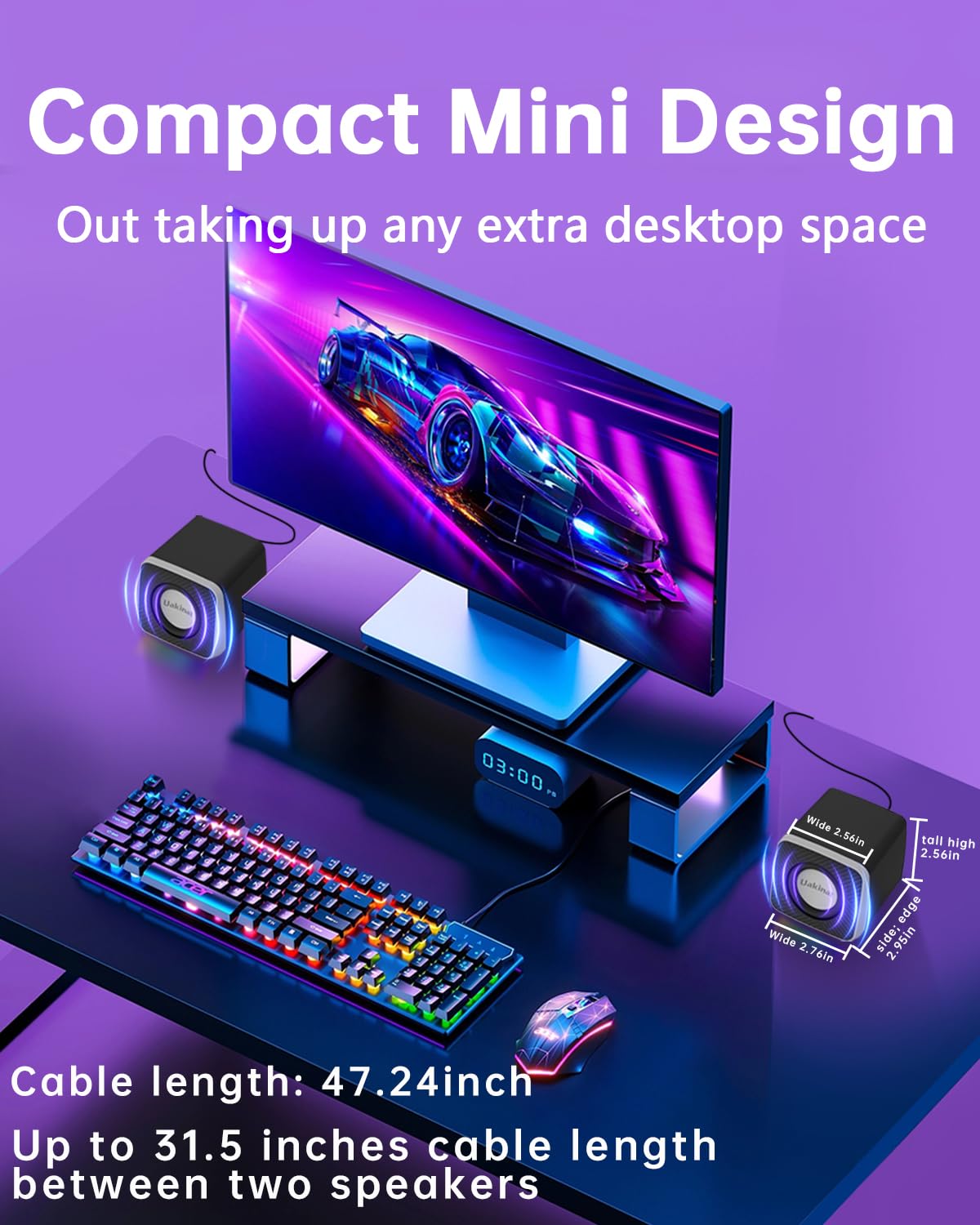 Uakinat PC Speakers 2"–3W Carbon Fiber Computer Speaker for Desktop or Laptop PC,USB C/USB-Powered,Crystal Clear Sound,Rich Bass,Loud Volume,Direct Control,Plug-N-Play,Black-Silver