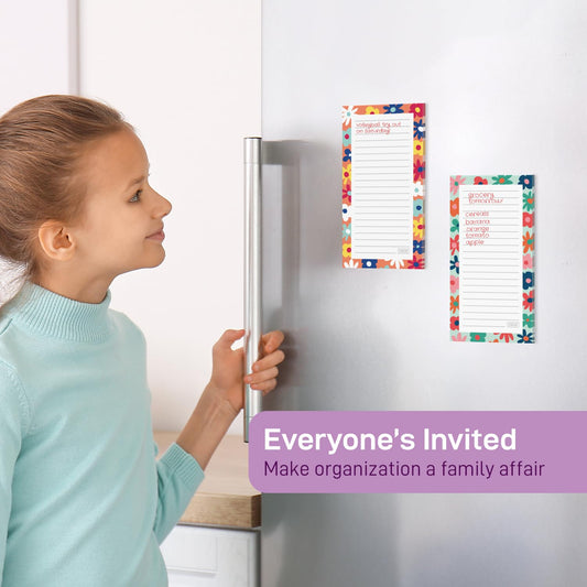 S&O Magnetic Notepads for Refrigerator 4 Pack - Fun Floral planner for Fridge Sets - Force field List sheets for cooler - Sticky writing pages for freezer - 3.5” x 7”, 45 Pages
