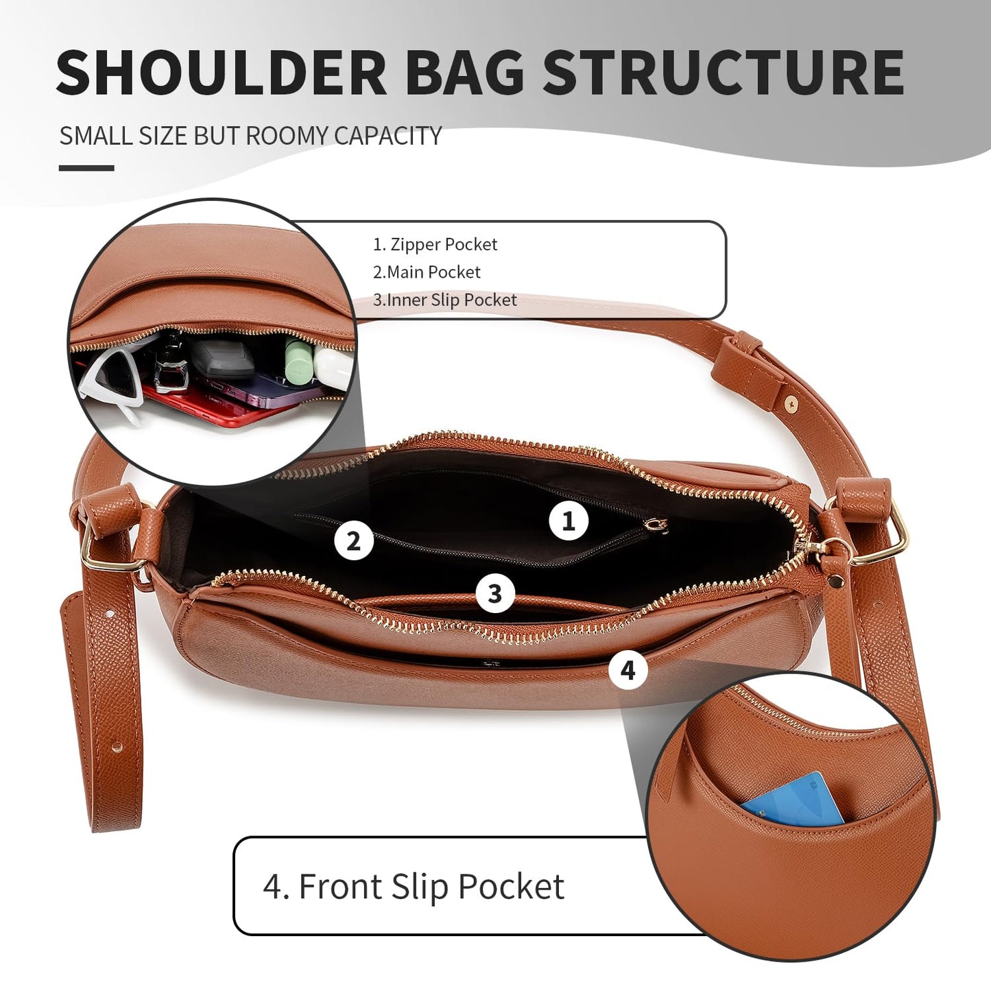 Herald Small Leather Crossbody Bag for Women, Designer Crescent Shoulder Purse Handbag with Adjustable Strap & Tassel (Brown)