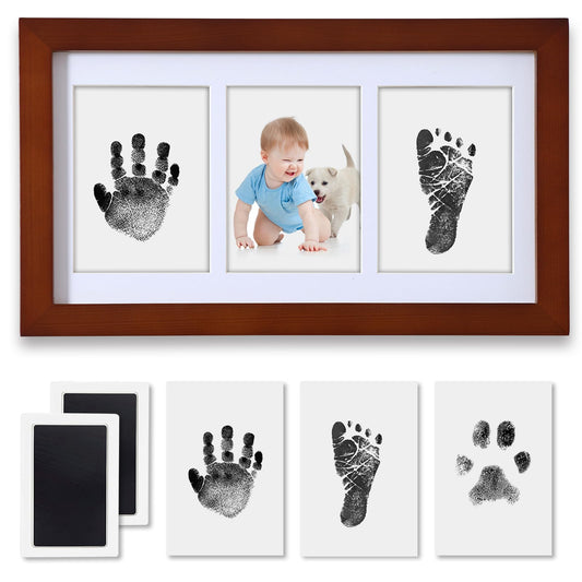 Hand and Footprint Kit - Inkless Handprint Kit With 2 Safe Clean-Touch Ink Pads and Wooden Picture Frame for Newborn - Gifts for New Parents, Baby Shower