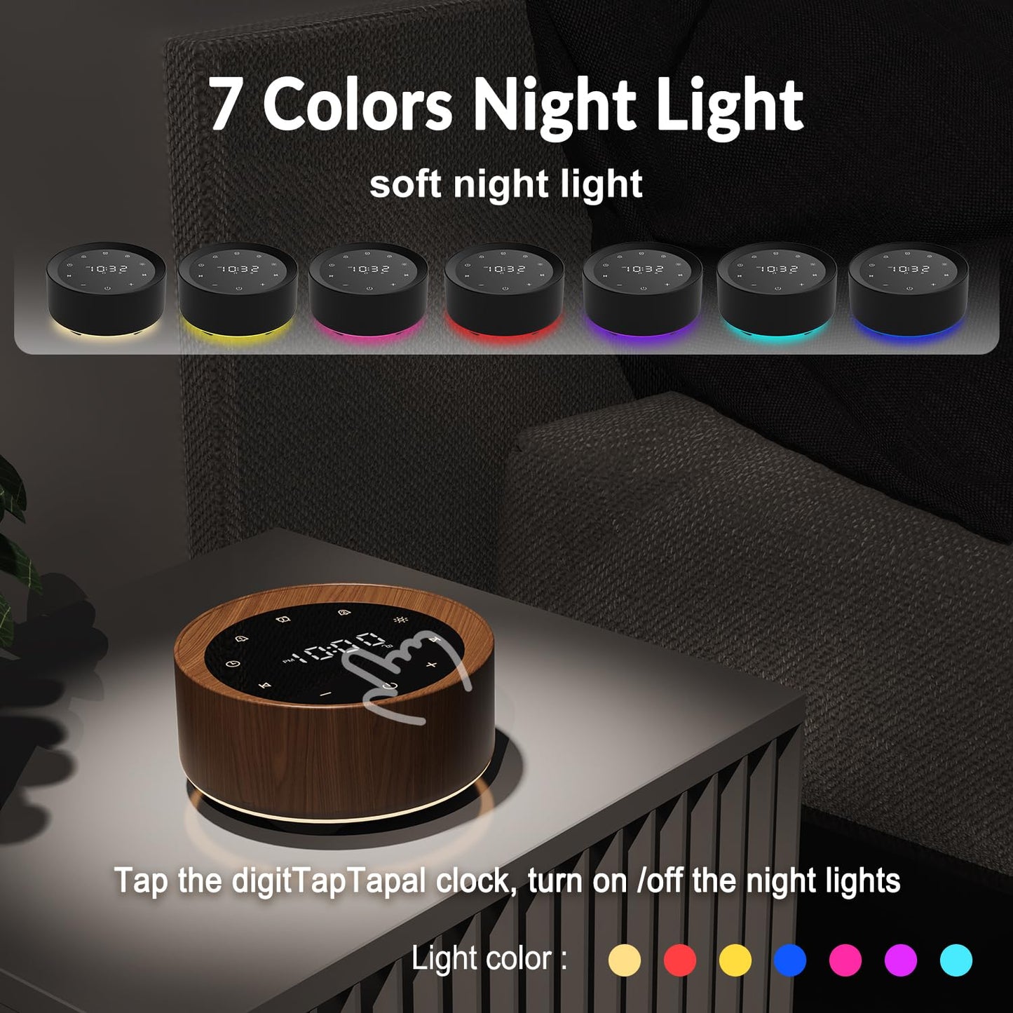 White Noise Sound Machine Alarm Clock 7 Colors Night Light Sound Machine for 20 Soothing Sounds 31 Level Volume 6 Level Screen Brightness 5 Timer Set Memory Function Touch Control for Adult/Baby Wood