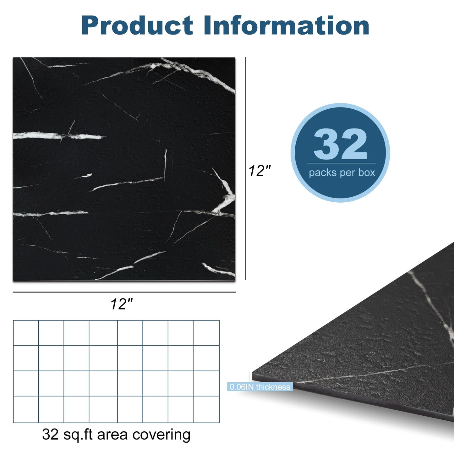 Yipscazo 32-Pack Peel and Stick Floor Tiles, 12" x 12" Diamond Black Vinyl Flooring, Waterproof Self Adhesive Tile for Bathroom, Kitchen, RV, DIY Renovation