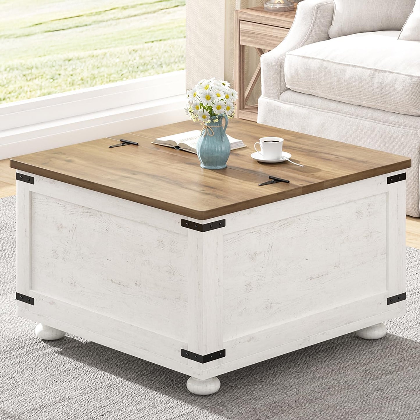 MaverickFurni White Farmhouse Coffee Table with Storage, Square Lift Top Coffee Table with Hydraulic and Wood Gourd Feet for Living Room, White