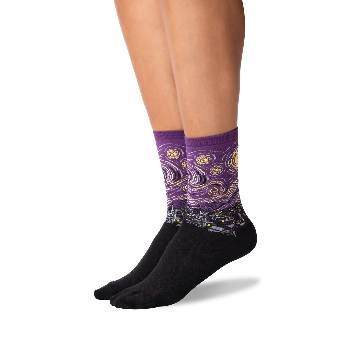 Hot Sox Womens Fun Famous Artist Paintings Crew Socks - 1 Pair Pack Cool & Gifts Hosiery, Starry Night (Purple), 4-10 US