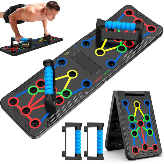 Foldable push-up rack for portable strength training, sturdy and stable equipment for men's and women's home gym workouts.