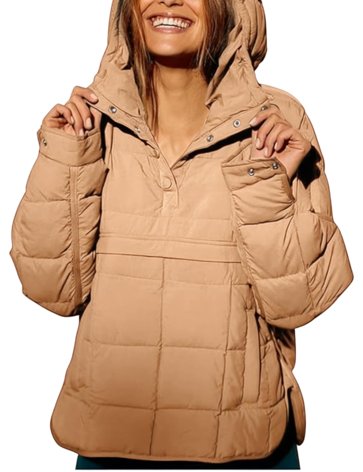 AICHARMWA Women's Pullover Puffer Jacket Hooded Oversized Lightweight Quilted Jacket Winter Warm Padded Coat(028-LightBrown-S)