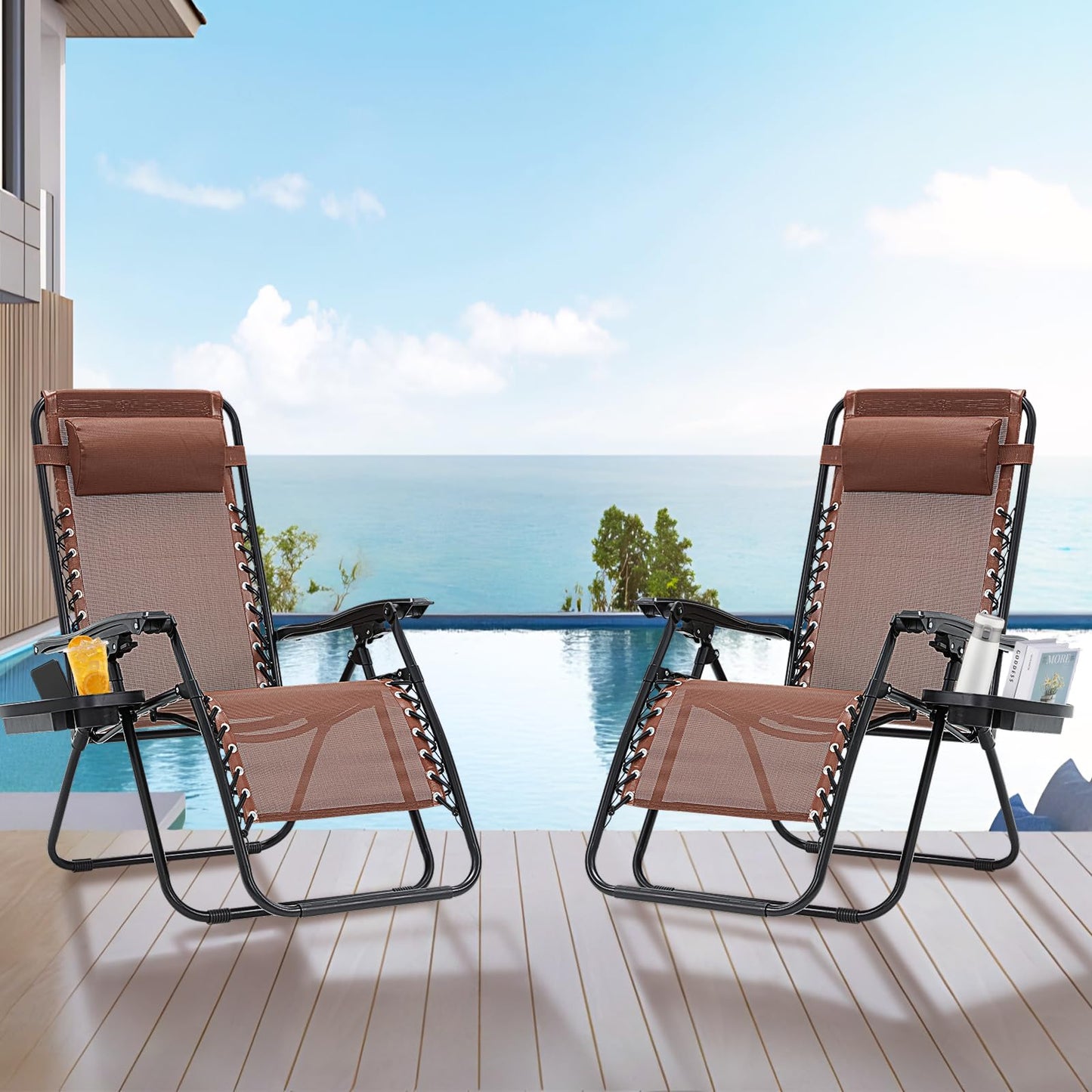 RICHRYCE Zero Gravity Chair Set of 2, 350 lbs Capacity, Reclining Folding Outdoor Chairs with Adjustable Headrest & Cup Holder, Anti - Gravity Loungers for Backyard, Patio, Lawn, Poolside (Brown)