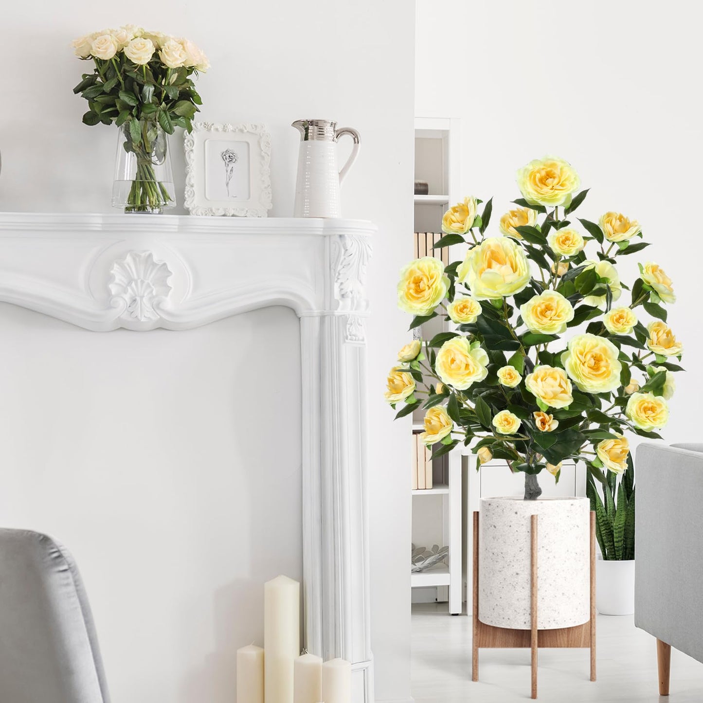 Lunmon 2 Pack 36" Artificial Camellia Tree Plants 3ft Faux Camellia Flower with Spike UV Resistant Fake Floral Blooming Bush for Indoor Outdoor Wedding Front Door Porch Garden Backyard Garden(Yellow)