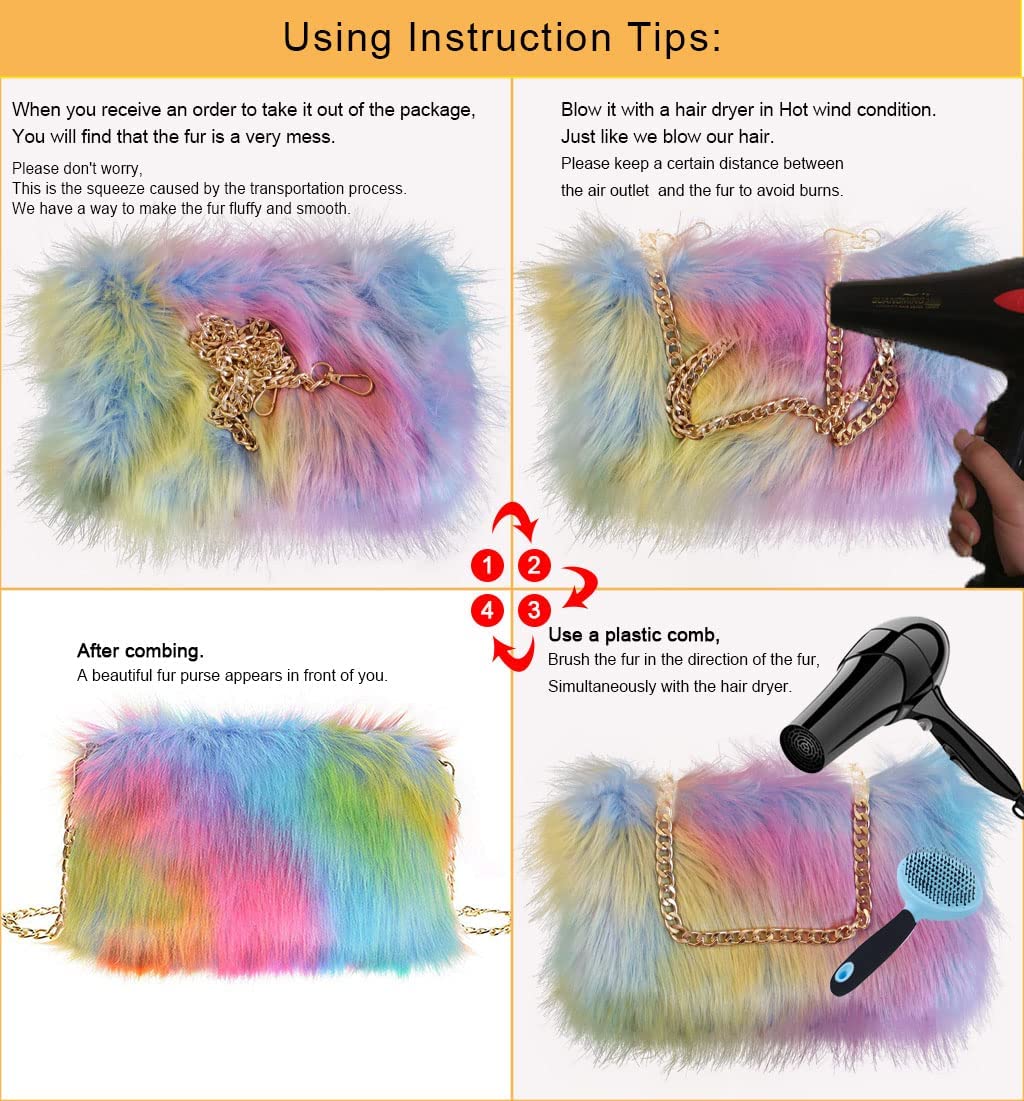 FHQHTH Faux Fox Fur Purse Fuzzy Handbags for Women Evening Handbags Al alloy Shoulder Strap [Black]