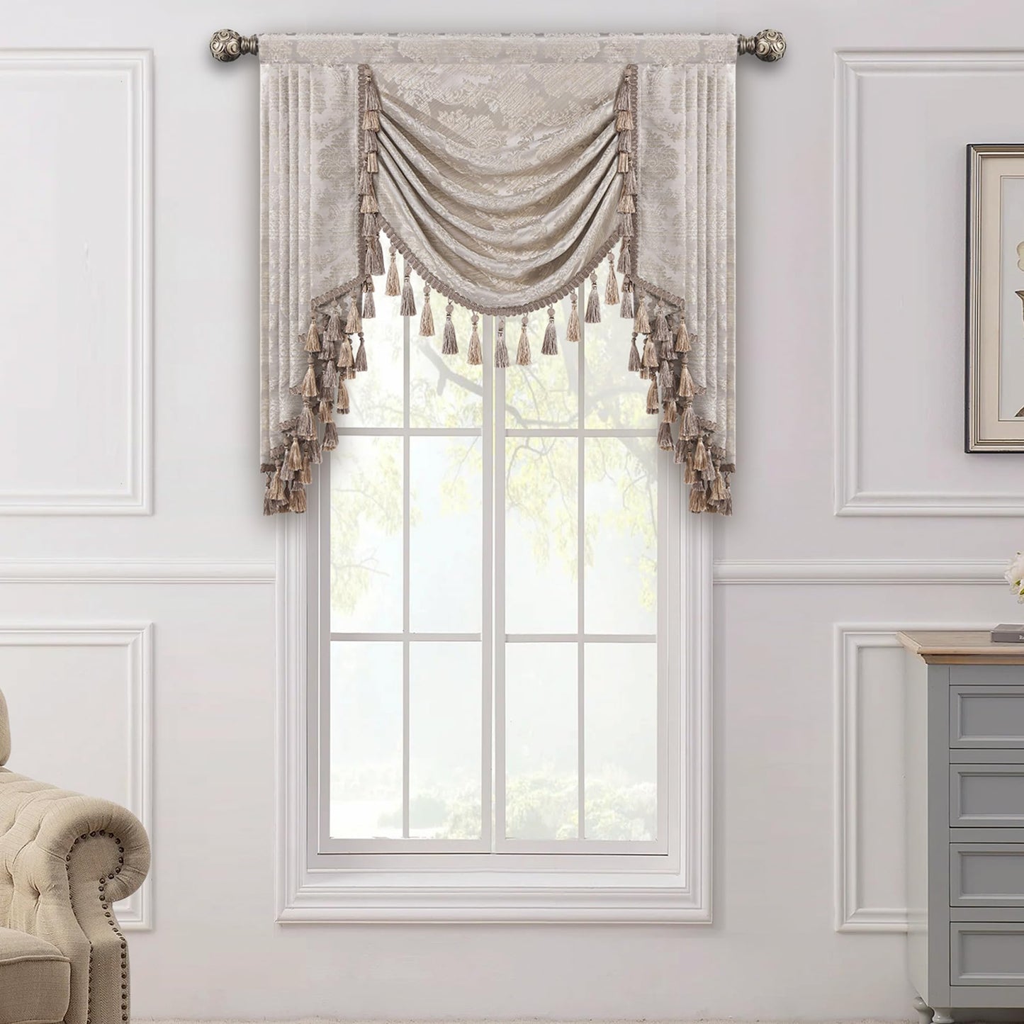 Loom and Mill Luxury Jacquard Waterfall Valance for Living Room, Floral Damask Swag Window Valances with Multi-Tassels, Elegant Swag Curtains for Bedroom Holiday Banquet Decor(W39, Light Taupe+Gold)