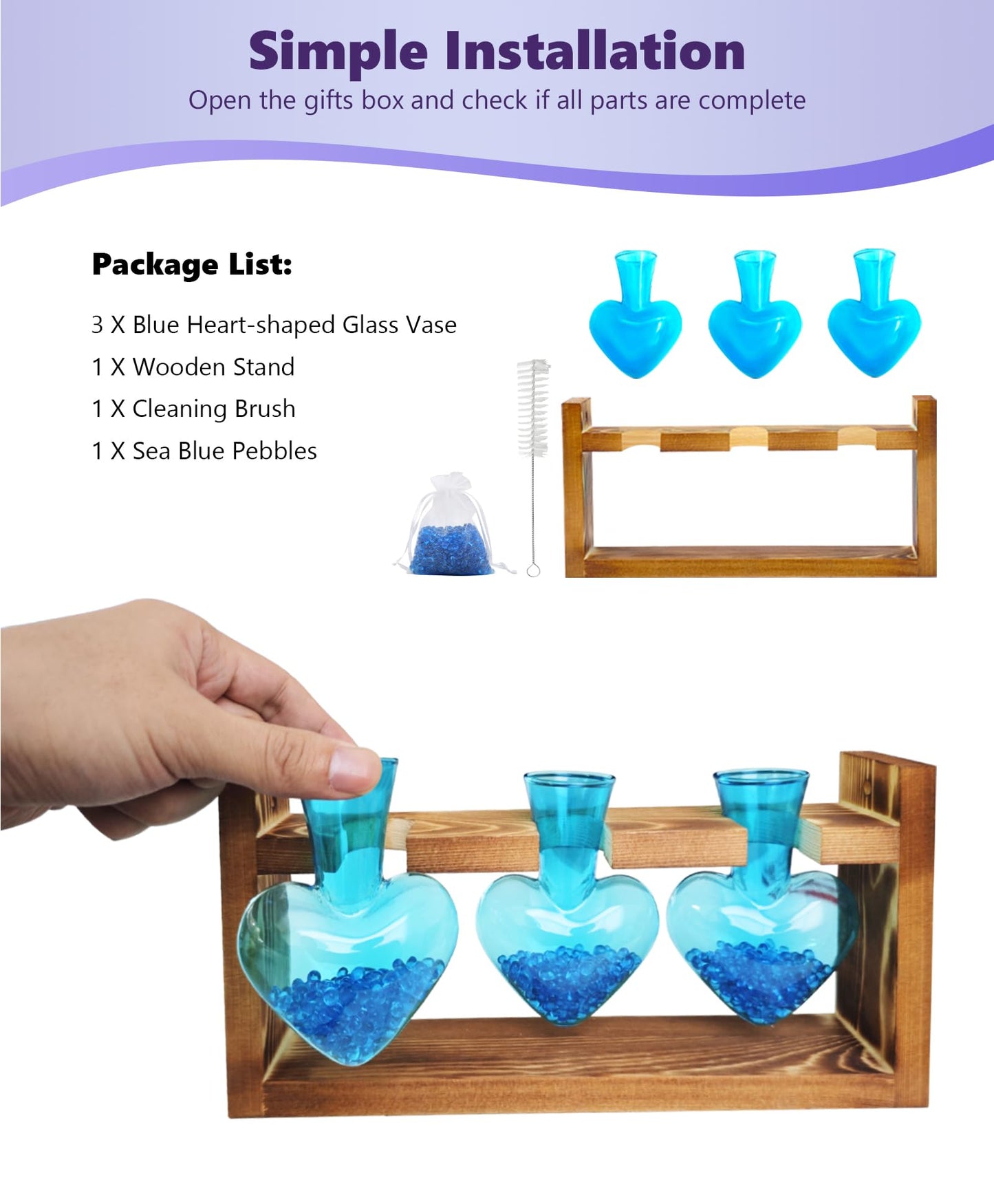 Nacome Plant Terrarium for Office Decor: Birthday Gifts for Plant Lovers Women Mom Wife - Wooden Stand Tabletop Planter 3 Bulb Glass Vase Heart Shaped for Hydroponics Indoor Home