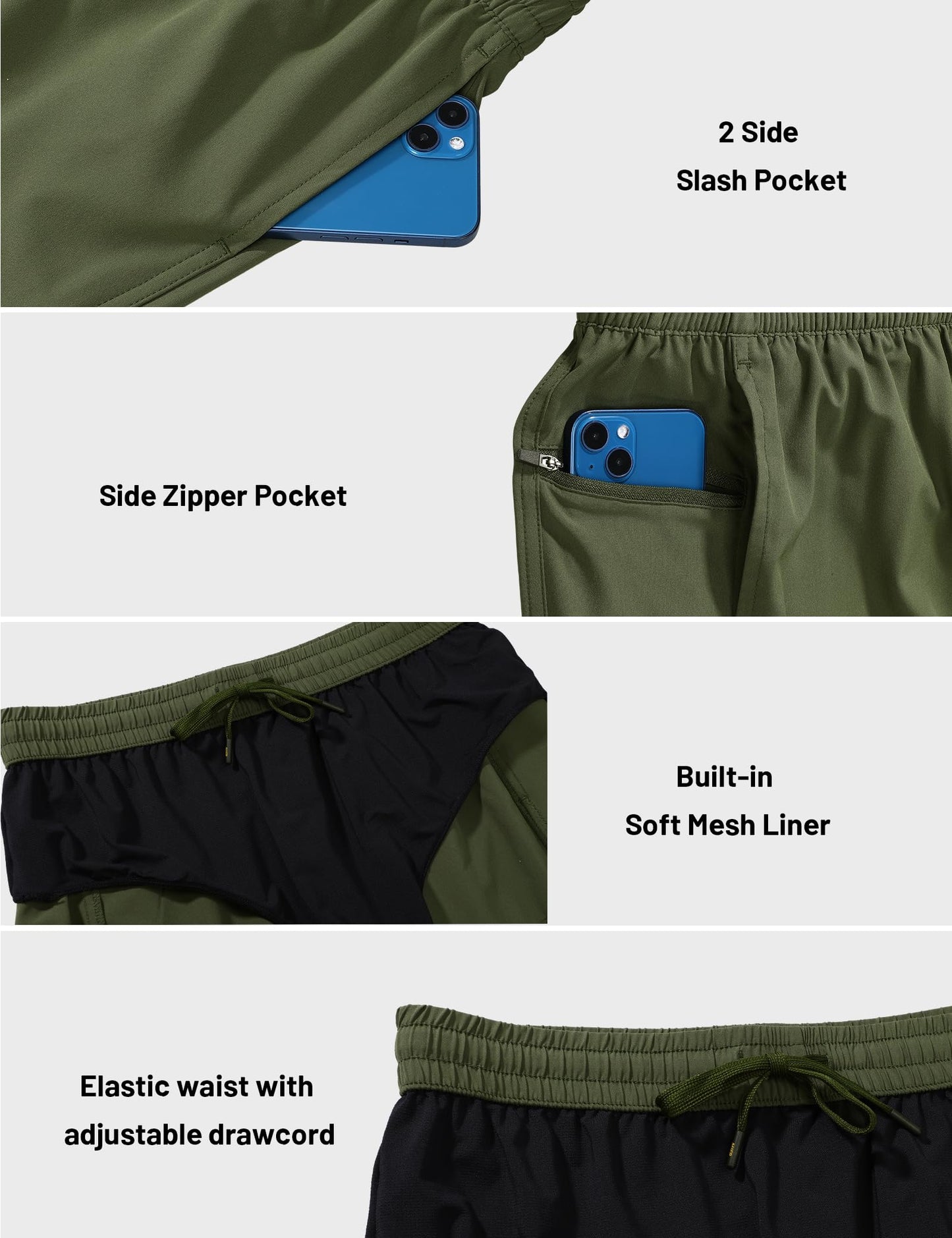 MIER Men's Quick Dry Running Athletic Shorts 3 Inch with Pockets Gym Sport Workout Fitness Shorts, Army Green, L