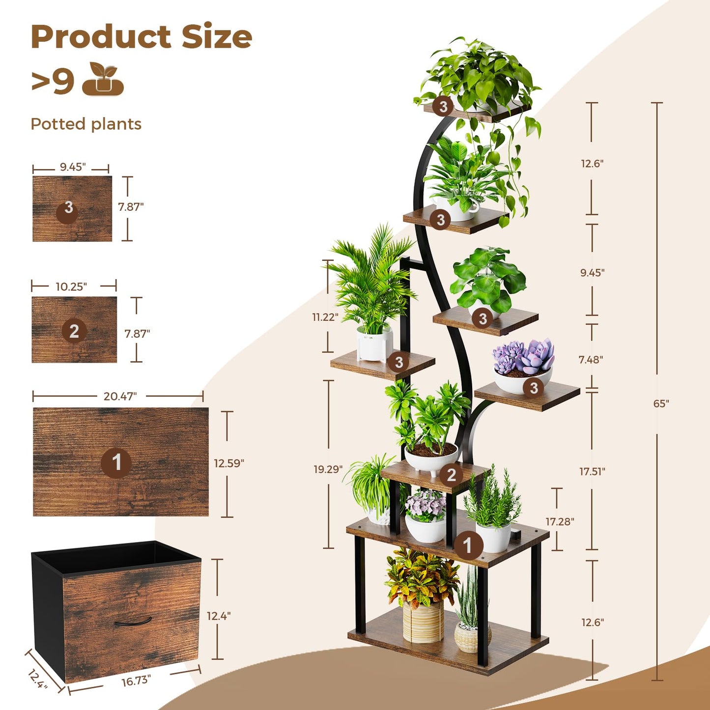 Plant Stand Indoor with Grow Lights - 8 Tiered Lighted Plant Shelf Indoor with Drawer, 65" Large Plant Stand for Indoor Plants Multiple, Metal Tall Plant Flower Holder for Home, Living Room, Patio
