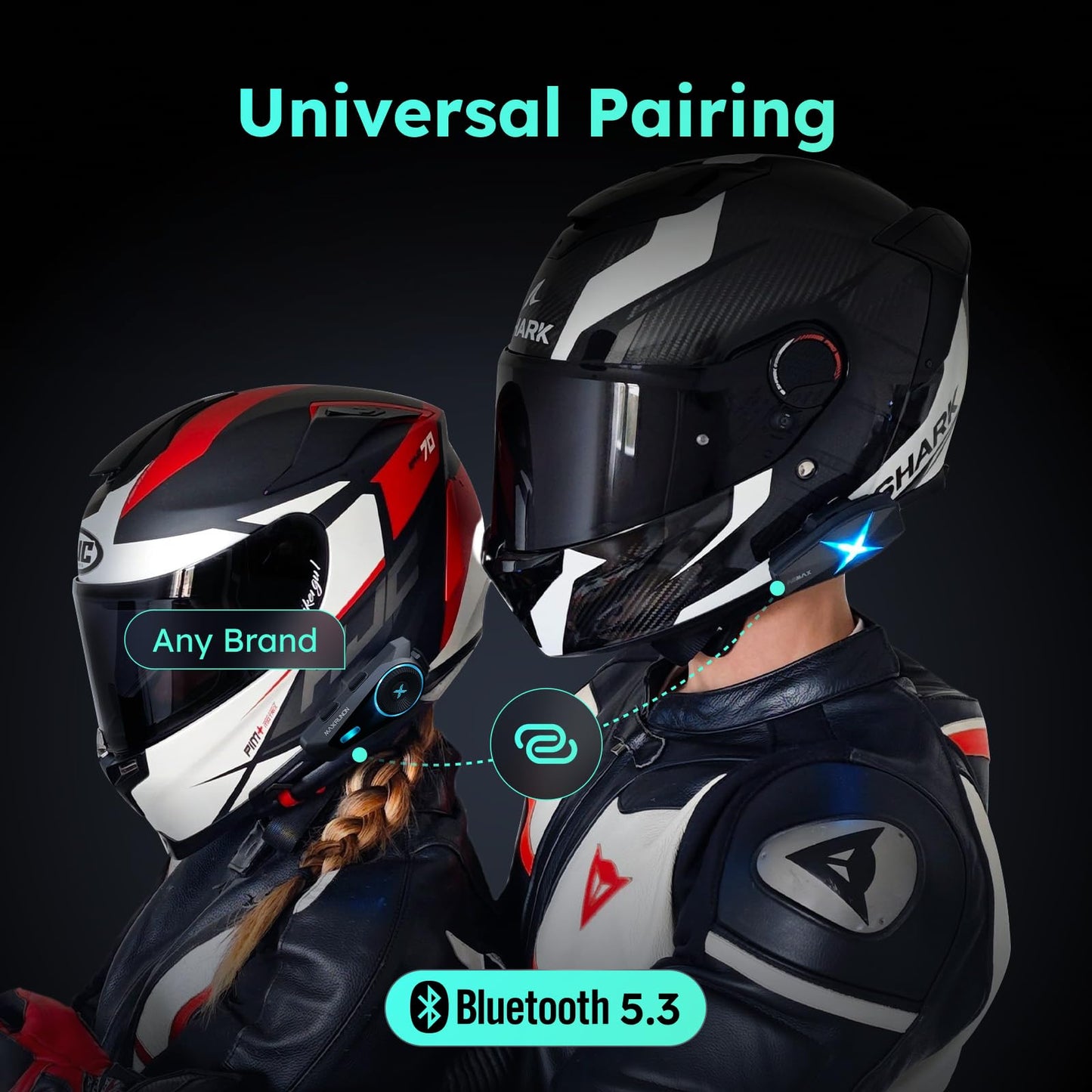 ASMAX F1 3-Mode Motorcycle Helmet Intercom for 10 Riders, Offline Voice Control Motorcycle Bluetooth Headset with Hi-Fi Speaker, Multitasking,Mesh Helmet Communication Systems, Fast Charging, 2 Pack