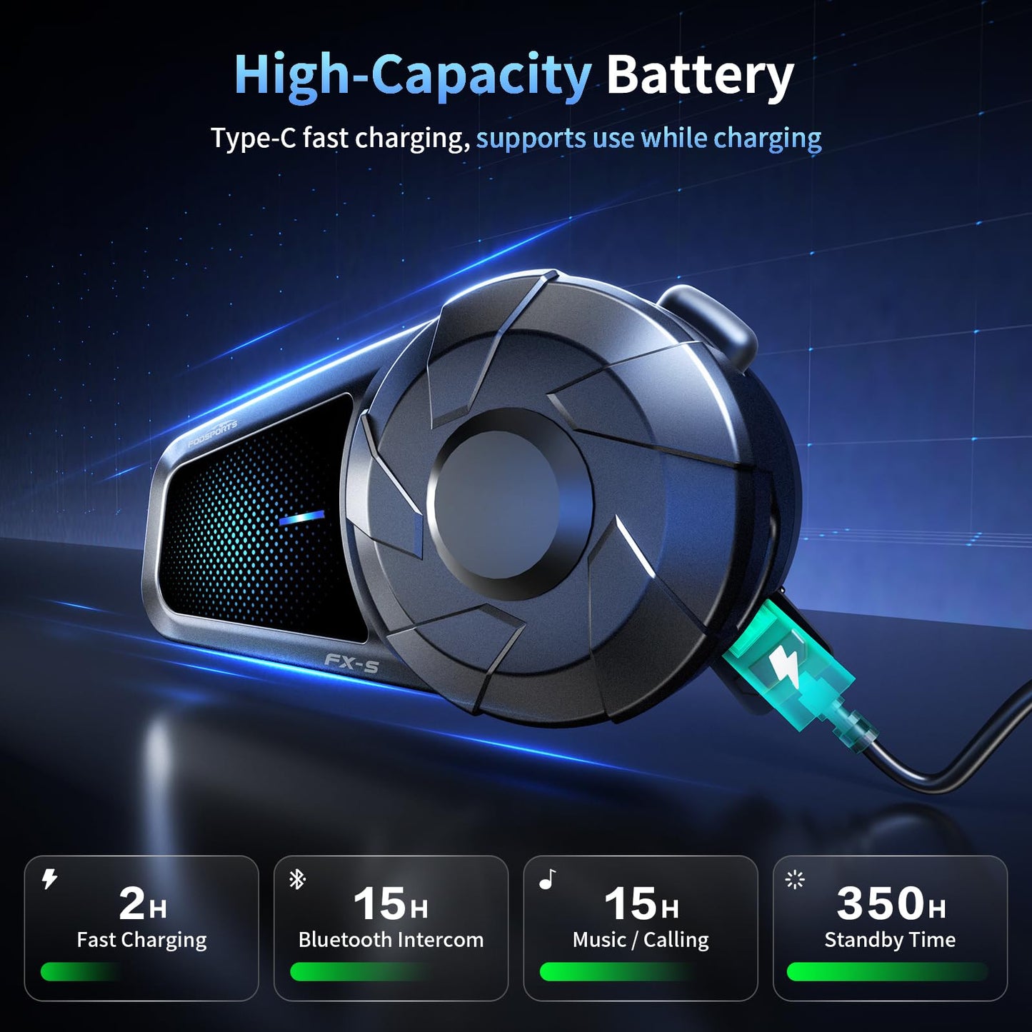 Fodsports FX-S Motorcycle Bluetooth Headset V5.4, 2-Way Helmet Intercom Communication System with IP67 Waterproof, CVC Noise Cancellation, Hands-Free Music/Call, 2 Type Mics, Black, 1 Pack