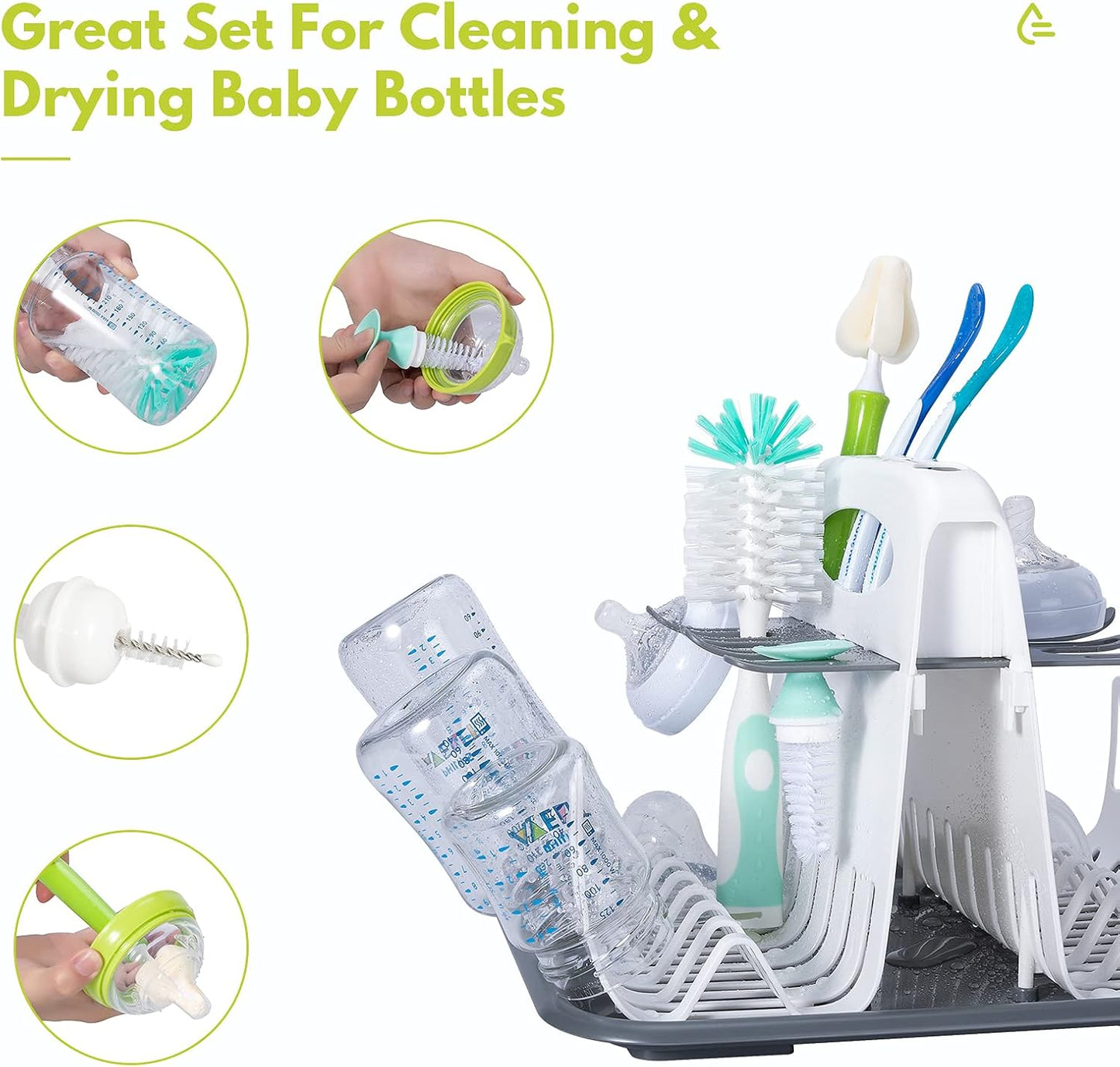 High Capacity Drying Rack with 5pcs Brushes, Deluxe Countertop Drying Rack, Universal Drying Station, Baby Bottle Drying Rack with Bottle Brushes, White