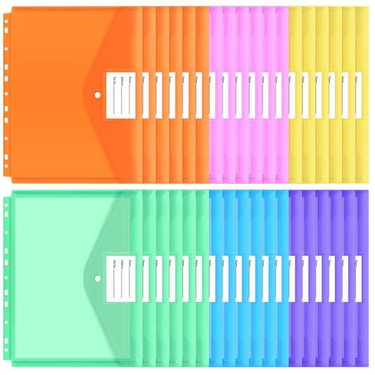 EOOUT 30pcs Binder Pocket, Binder Pockets for 3 Ring, Binder Folders, 11 Holes, Letter Size, Snap Button Pouch with Label for School, Home and Office
