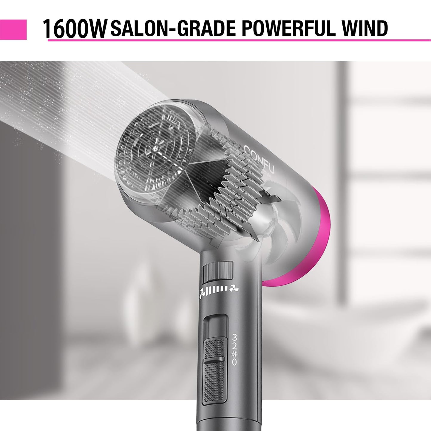CONFU Ionic Blow Dryer 1600W, Portable Lightweight Fast Drying Negative Ion Hairdryer Blowdryer, 3 Heat Settings & Infinity Speed, with Diffuser and Concentrator Nozzle for Home & Travel