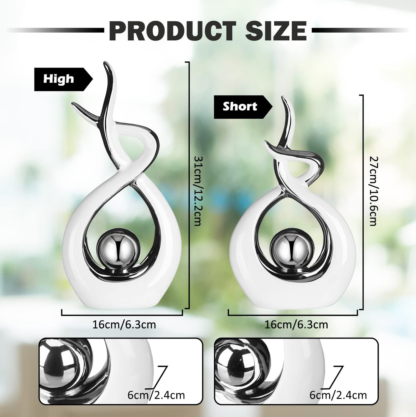 2 Pcs Modern Room Ceramic Decor Center Pieces Table Decorations Ceramic Statue Coffee Table Decor Centerpiece for Home Office Coffee Living Room, 2 Size(White, Silver)