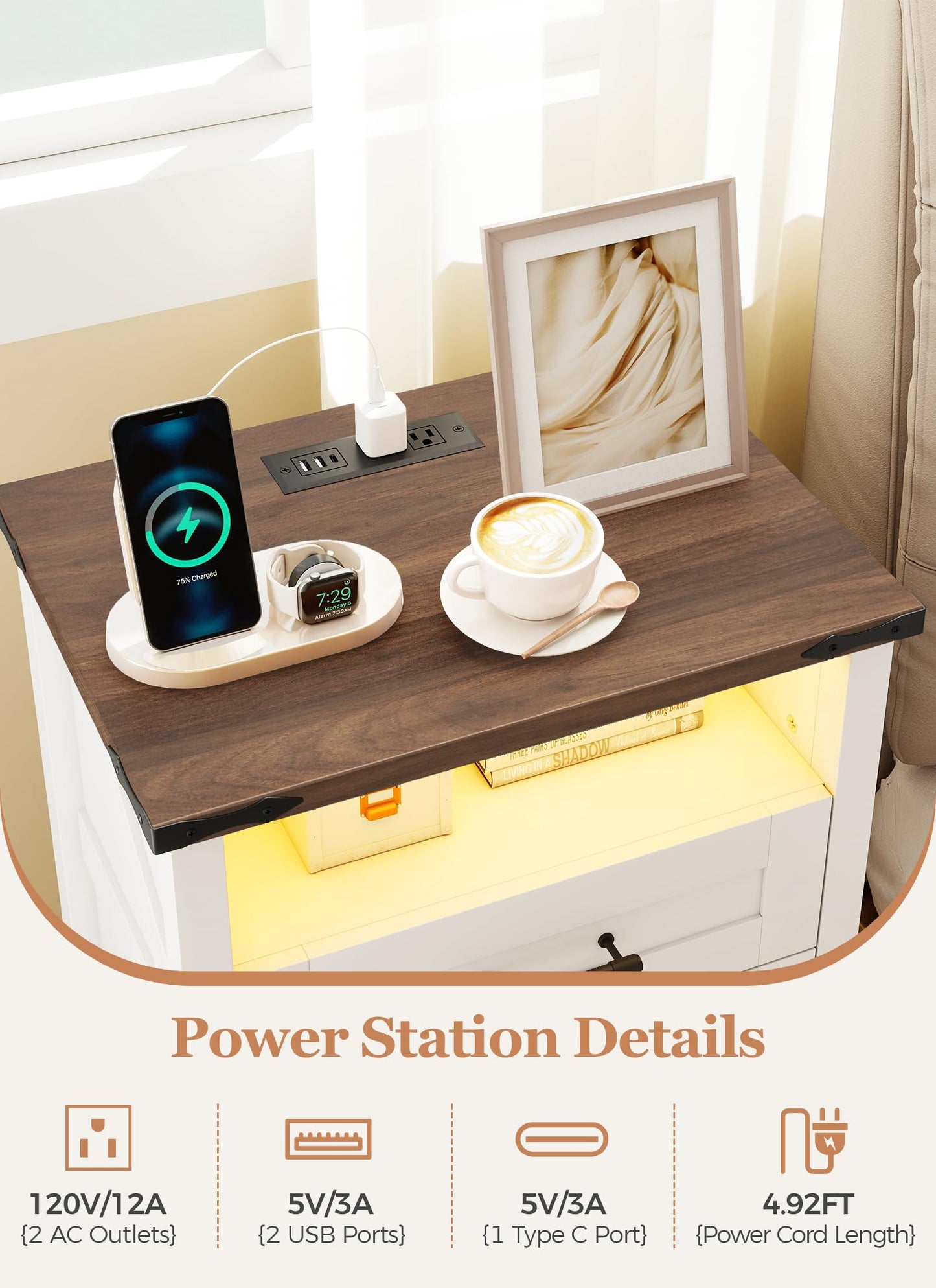 Night Stand with Charging Station 22" Large Farmhouse Nightstands with 3 Drawers and Open Storage Smart Bedside Table with Human Sensor LED Light End Tables for Bedroom Living Room White