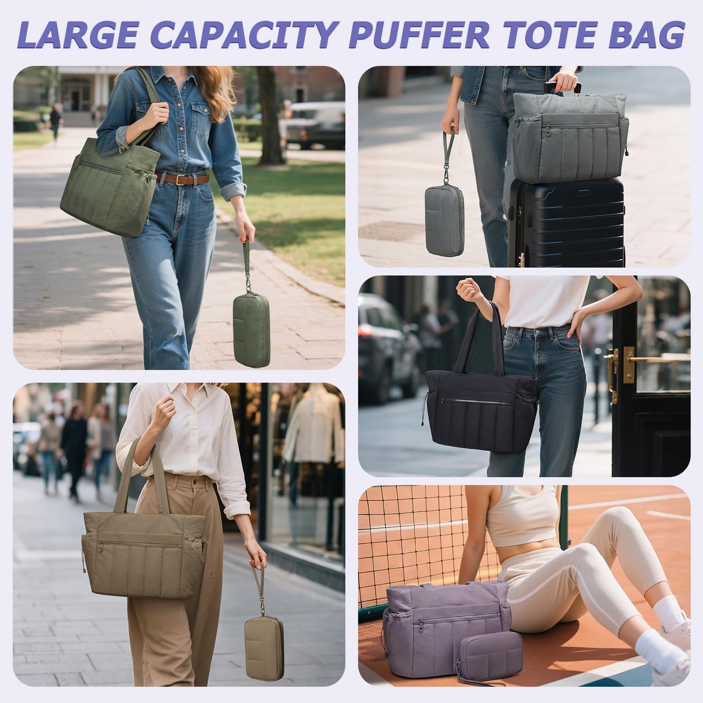 Tote Bag for Women, Lightweight Puffer Tote Bag with Compartments, Quilted Shoulder Bag Handbag with Zipper for Work Blue (2 Pack)