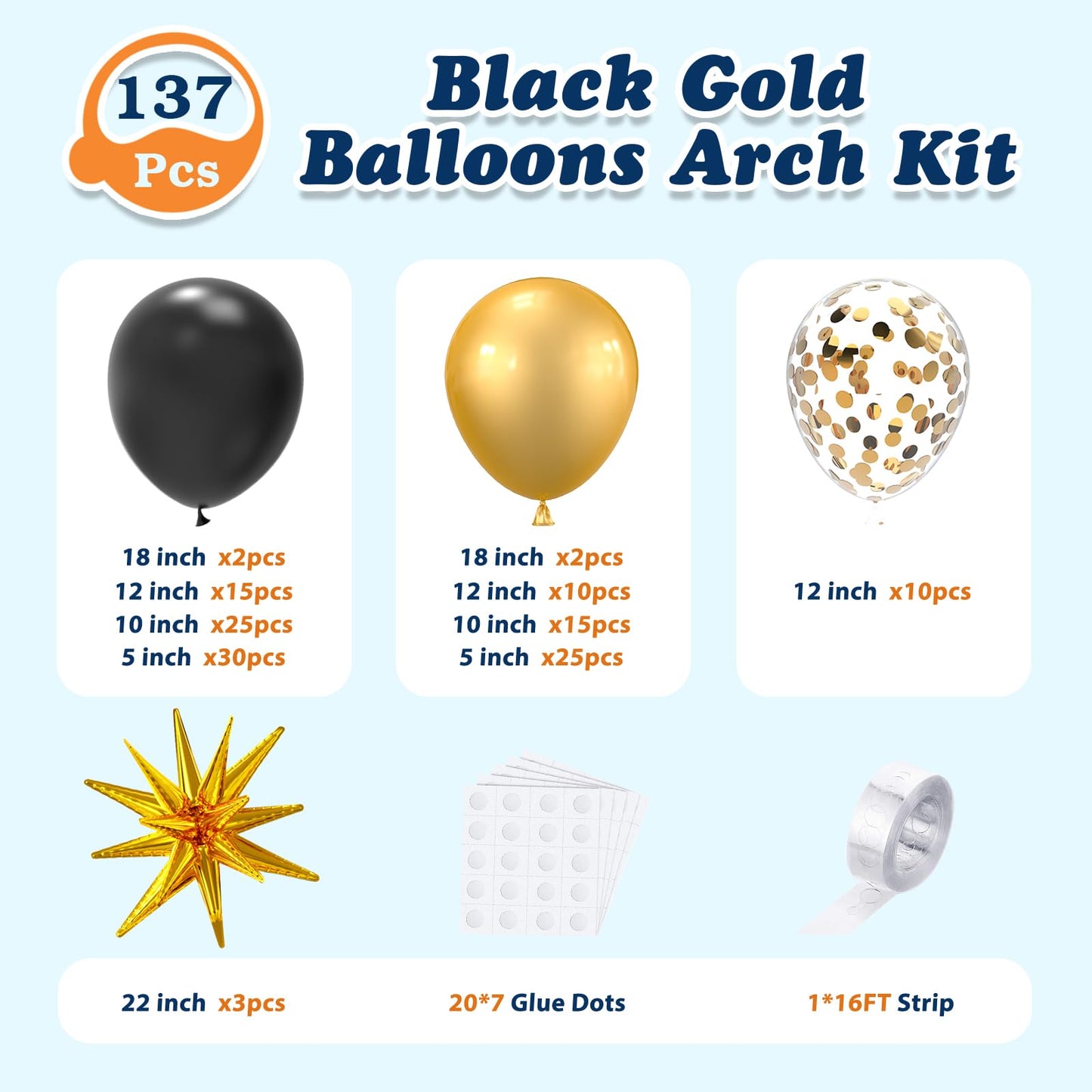 137Pcs Black and Gold Balloons Garland Arch Kit with Stars - 5 10 12 18 inch Black Gold Confetti Latex Party Balloons for 2025 Graduation Retirement Decorations Birthday