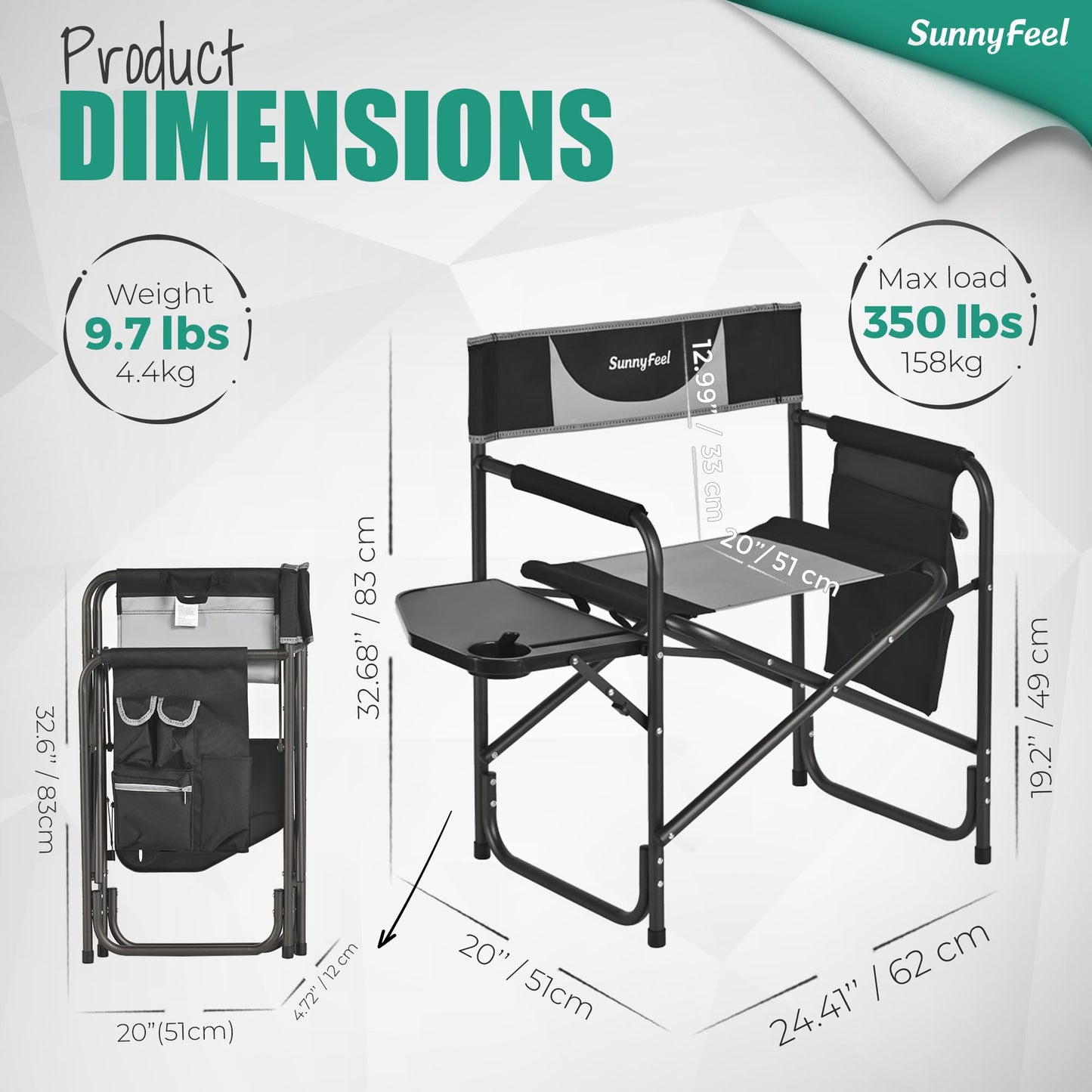 SUNNYFEEL Oversized Camping Directors Chair, Portable Folding Lawn Chairs for Adults Heavy Duty with Side Table,Pocket for Beach, Fishing,Picnic,Concert Outdoor, Foldable Camp Chairs