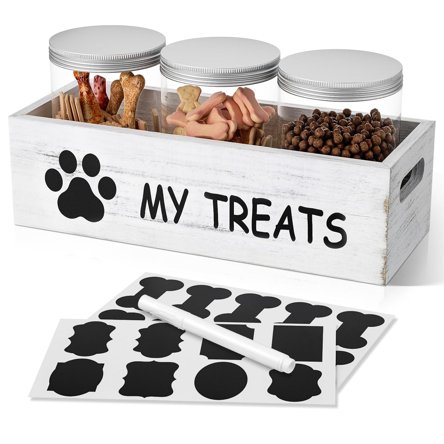 qeerable Dog Treat Container for Countertop - Dog Food Storage with 3 Jars - Pet Food Organizer For Puppy - Airtight White Wooden Dog Treat Storage With Lids - Great Gift for Pet Dog Owners