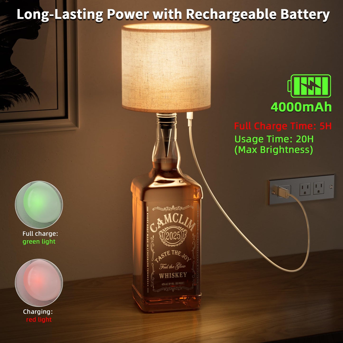 Wireless Wine Bottle Lamp Shade: Liquor Bottle Stopper Light With Remote Control Dimmable Cordless Portable Rechargeable Led Battery Operated Whiskey Bottle Lampshade For Bedside Bedroom Bar Decor