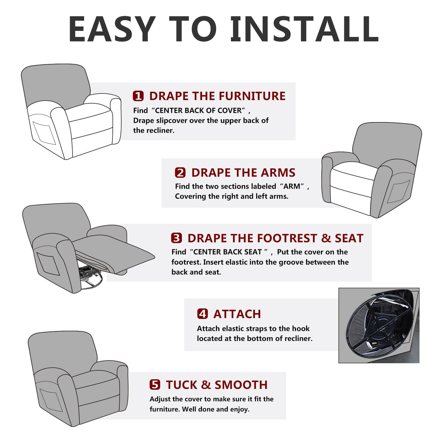 ANARACHON Leather Look Recliner Chair Covers Stay in Place 4-Piece Lazy Boy Recliner Slipcovers for Reclining Chair Furniture Protector Spandex Fabric Washable (X-Large, Dark Gray)