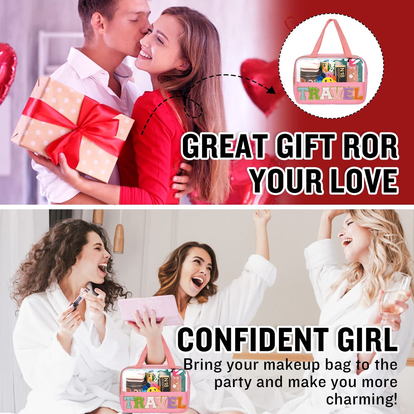 Preppy Clear Travel Makeup Bags with Chenille Letter Patches, Travel Essentials Large Clear Make up Bag Zipper Pouch with Handle, Waterproof Nylon Cosmetic Toiletry Storage Tote for Women(TRAVEL-Pink)