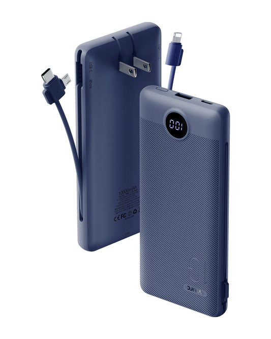 Portable Charger Built-in Cables and AC Wall Plug, USB C Power Bank 10000mAh, Travel Battery Portable Phone Charger Compact Lightweight External Battery Pack for Smart Phones, Tablets etc-Light Coffee