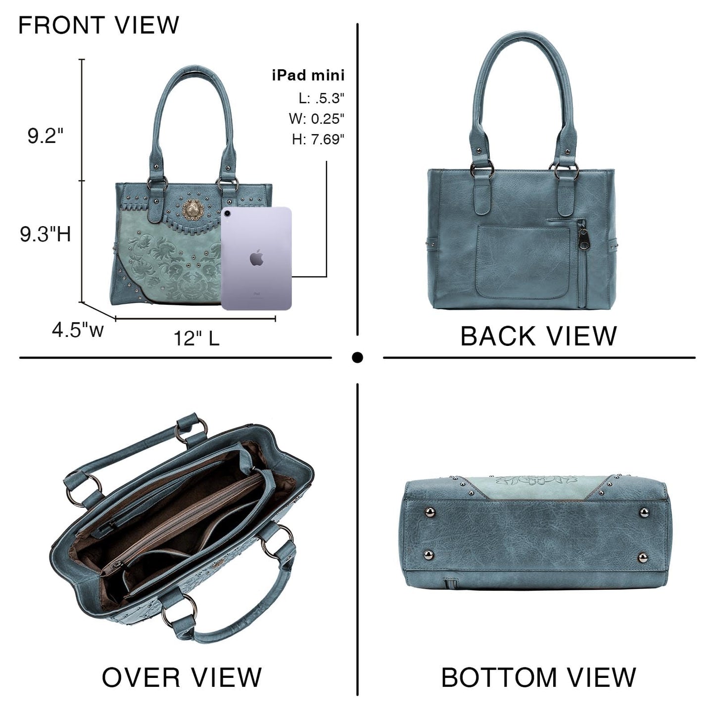 LAVAWA Tote Bag for Women Large Western Purse Ladies Top Handle Shoulder Handbags Vintage Embossed Concho Studs (Blue)