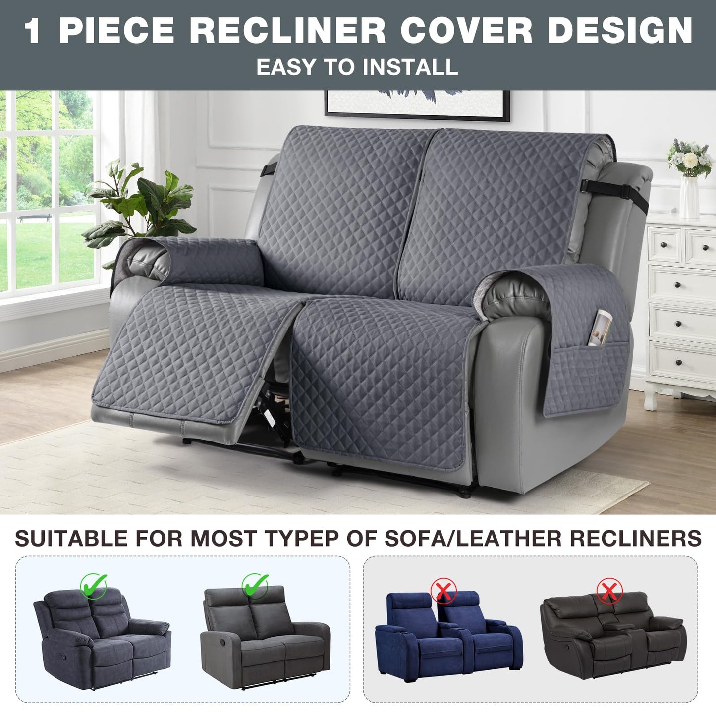 TAOCOCO Loveseat Recliner Cover Non-Slip Sofa Slipcover, Pet Cover for Loveseat Recliner with Elastic Straps, Washable Reclining Loveseat Covers Recliner Furniture Protector (2 Seater, Dark Grey)