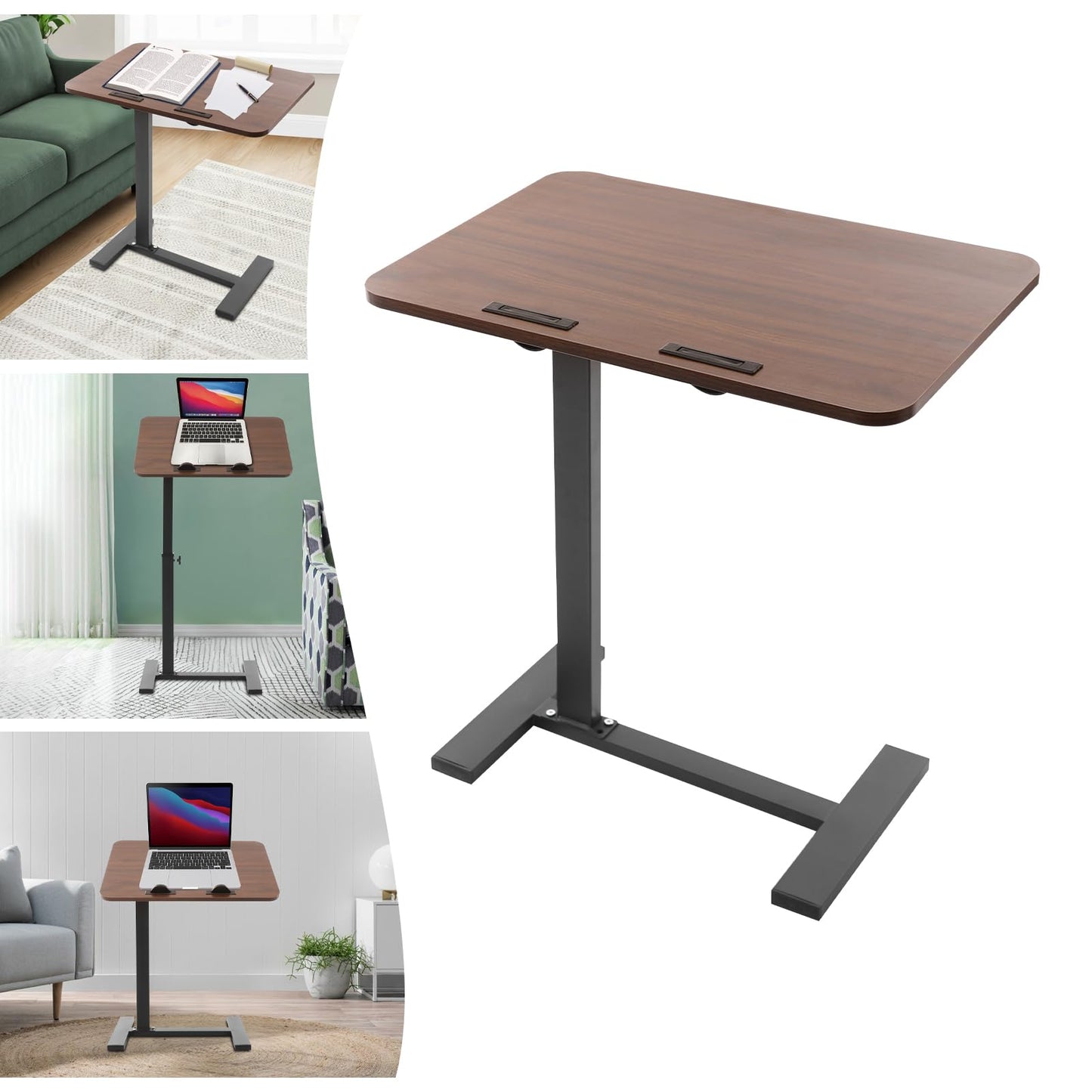 NTNOEA Bedroom C Shaped Side Table, Overbed Table with Wheels Adjustable Height - End Table Living Room Side Table for Laptop, Snack Trays for Eating Coffee Tables for Sofa/Bed/Bathtub (Walnut)