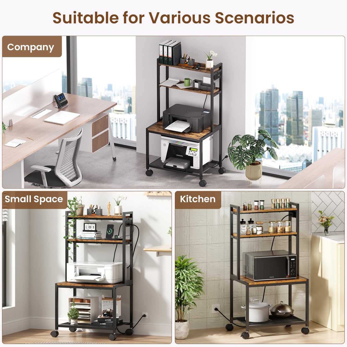 Asgolion Large Printer Stand with Storage, 4 Tier Table with Wheels for Home Office, Beside Desk for Printer, Scanner, Fax, Rustic Brown