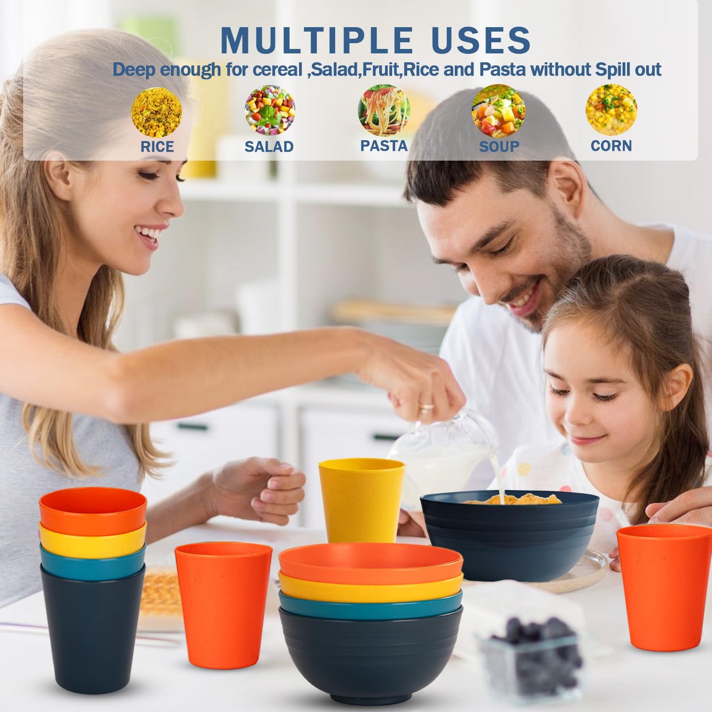 Rubtlamp Wheat Straw Dinnerware Set, 16Pcs Unbreakable Plates And Bowls Sets of 4, Plastic Plates Set Reusable (Four Colors) Include Dinner Platos, Dessert Platos, Cereal Bowls, Cups for Daily