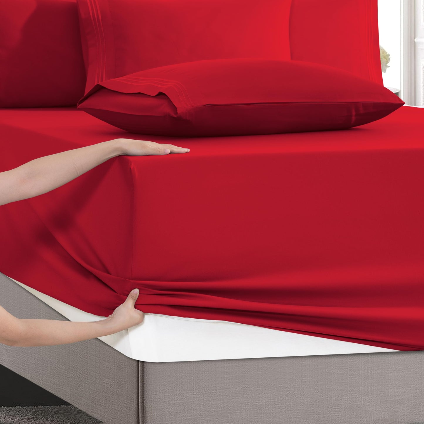 Mocassi Luxury 6-Piece Sheet Set, Ultra Soft 1800 Premium Hotel Quality Microfiber Sheet Set, Fits Mattresses Up to 18 to 24 Inches Extra Deep Pocket - Breathable and Secure Fit, Queen, Red