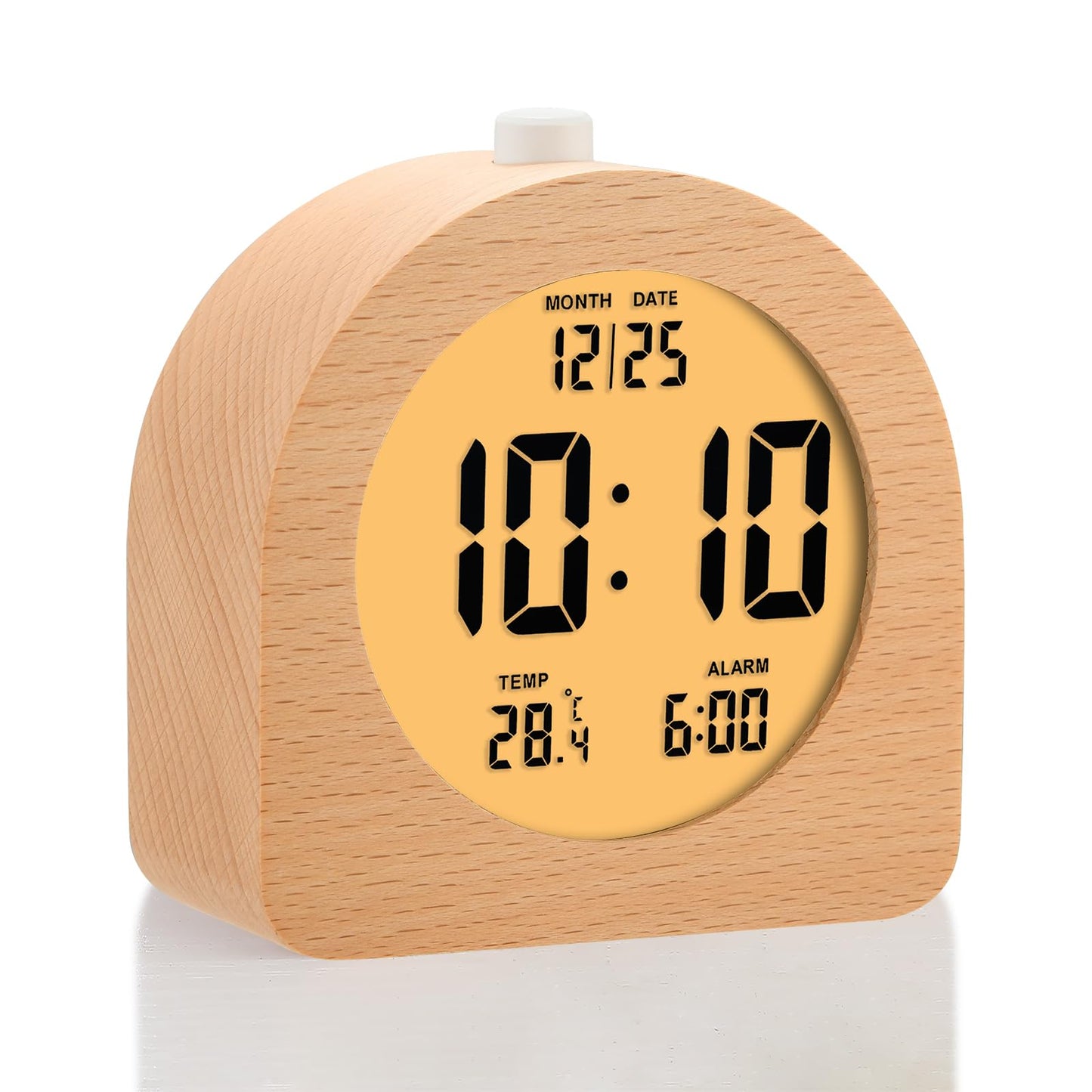 Plumeet Wooden Digital Alarm Clock for Bedrooms, Wood 4'' Battery Powered Alarm Clock with Snooze and Nightlight, Electronic LCD Desk Clock Display Time, Date, Temp, 12/24H, Wood Décor, Round, Brown