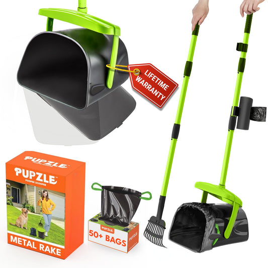 Pupzle Dog Pooper Scooper with Bag Attachment, 40" Long Handle Pooper Scooper for Large Dogs, Dog Poop Scoop for Yard, Large Capacity Swivel Bin and Rake, 50 Lavender Scented Bags