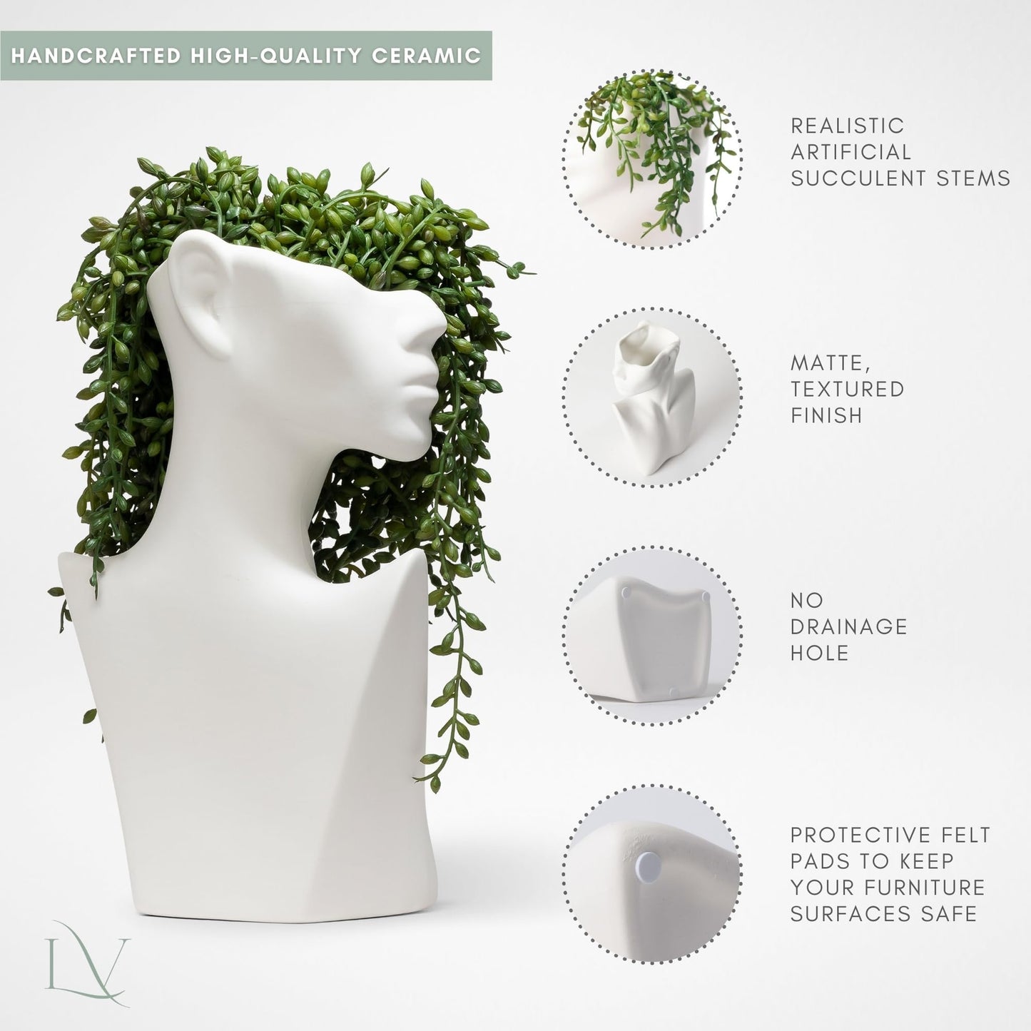 Face Vase with Faux String of Pearls Plant Gift Set, Head Vase Includes 4 Hanging Succulents Draping Greenery Branches for Centerpiece Table Decorations Table Office Shelf Living Room Decor