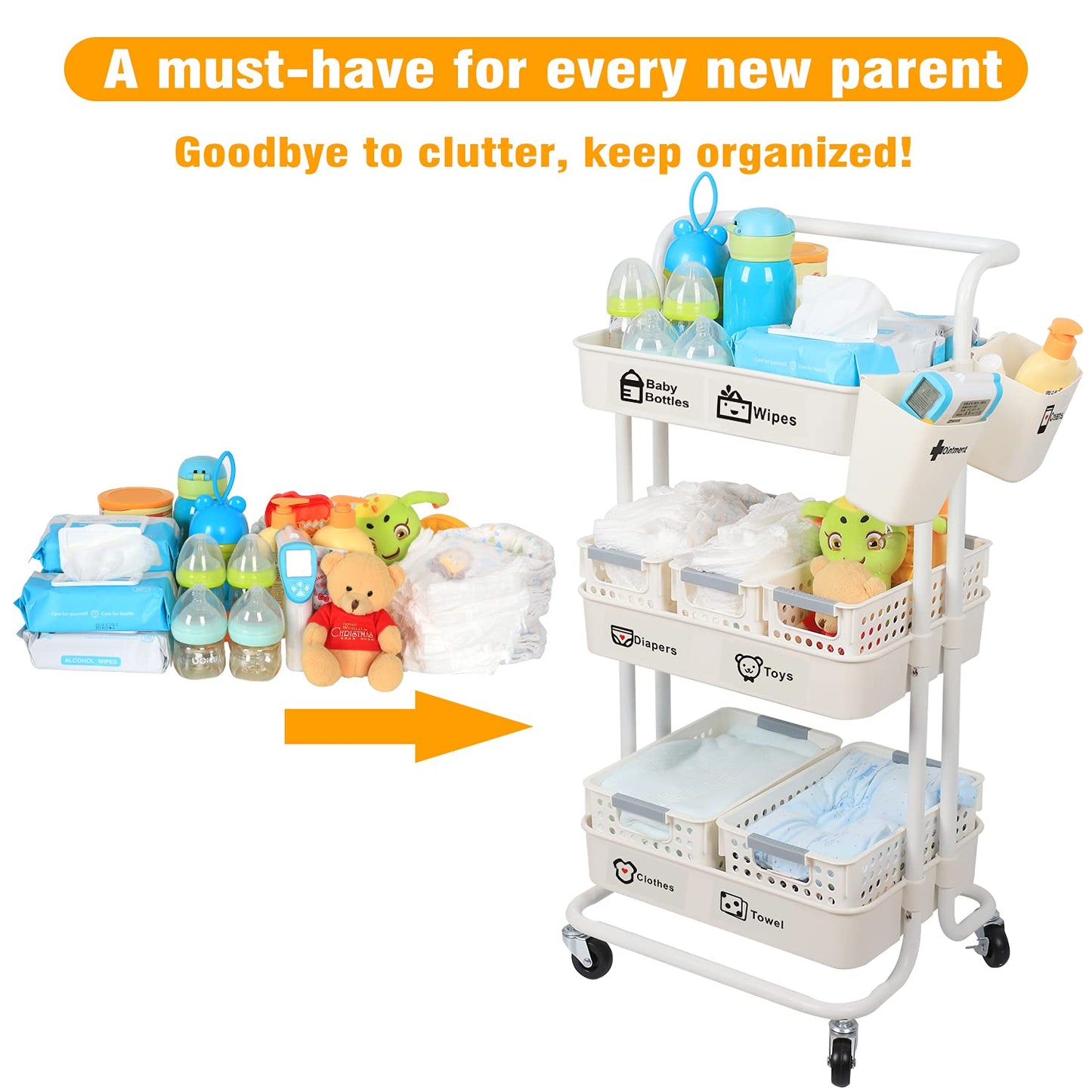 Baby Diaper Caddy Organizer Cart, 3-Tier Sturdy Movable Rolling Cart with Baskets and Hanging Cups, Large Capacity Newborn Nursery Essentials Diaper Storage for Changing Table & Crib, Easy to Assemble