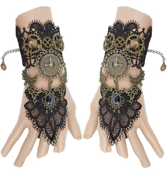 Juland Fingerless Gloves Gothic Floral Lace Steampunk Wristband Clock Vintage Gear Gloves Bridal Bracelet Rhinestone Ring Set - 1 Pair -S392