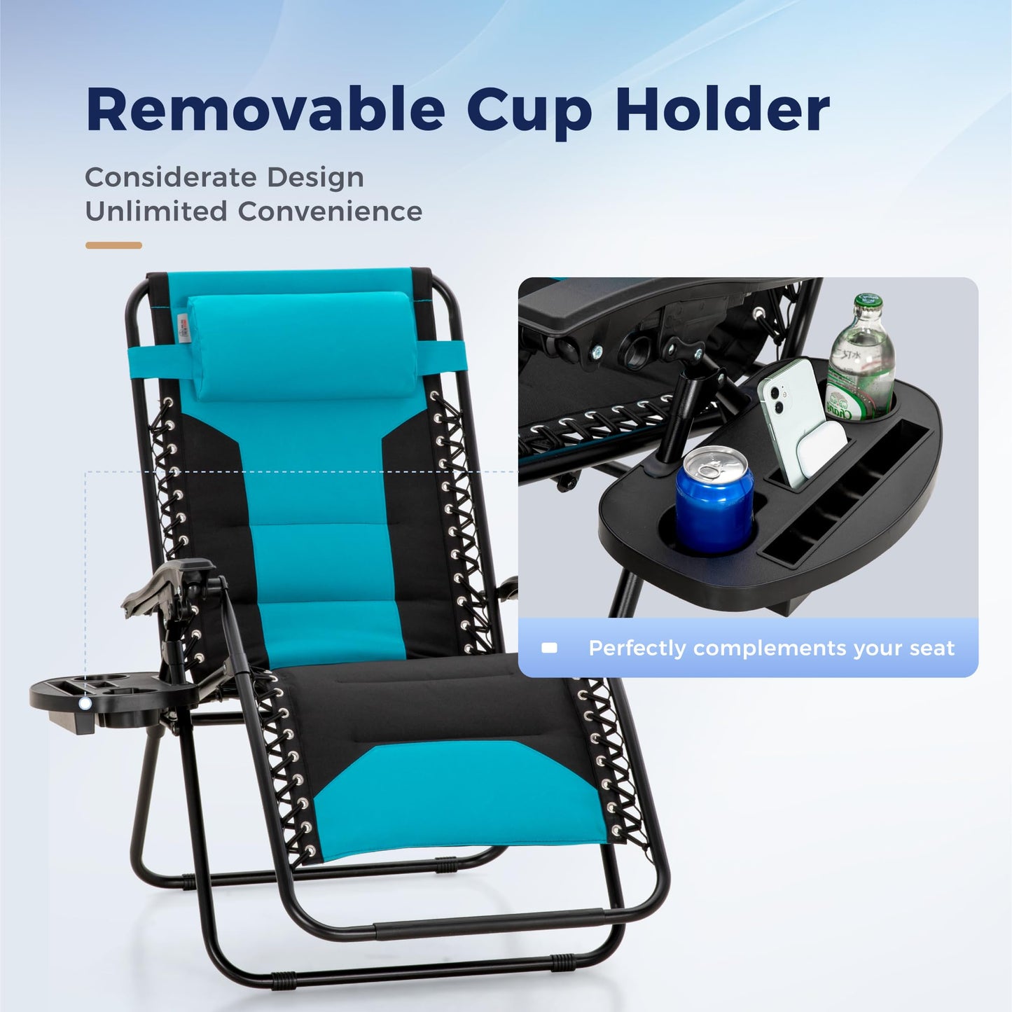 MAISON ARTS Oversized XXL Padded Zero Gravity Chair, Lawn Outdoor Lounge Chairs Set of 2, Foldable Recliners 28" Wide Seat Anti-Gravity for Patio Camping Poolside Yard, Support 400lbs, Aqua