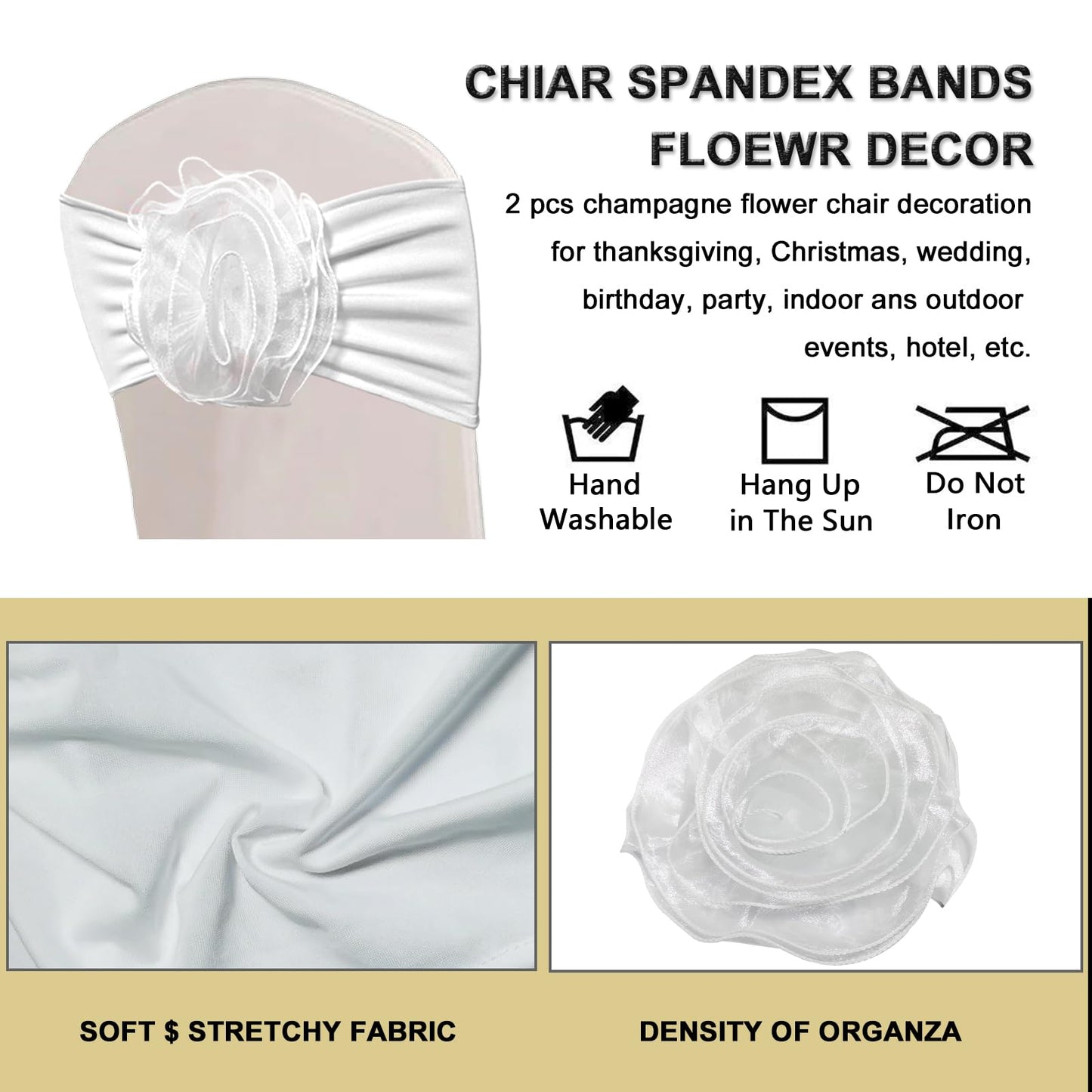 SFN 2 PCS White Flower Chair Sashes Chair Cover Chair Spandex Bands Bows tie for Thanksgiving Christmas Wedding Banquet Birthday Party Events Hotel Decoration